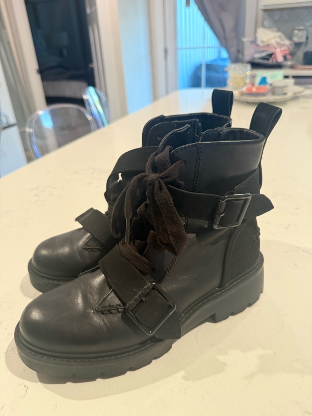Ugg Black Leather Buckle Combat Boots